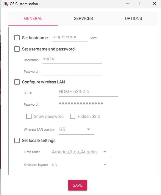 Raspberry Pi Imager Advanced Options General display, allowing one to set the host, password, Wireless LAN and Locale settings