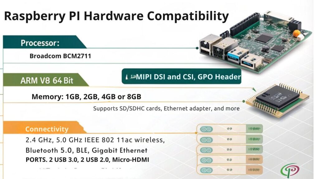 An infographic about hardware compatibility and integration in the context of Raspberry Pi and Raspberry Pi OS, highlighting the following key points:  - **Processor**: Broadcom BCM2711, Quad core Cortex-A72 (ARM v8) 64-bit SoC @ 1.8GHz - **Memory**: 1GB, 2GB, 4GB or 8GB LPDDR4-3200 SDRAM - **Connectivity**: 2.4 GHz and 5.0 GHz IEEE 802.11ac wireless, Bluetooth 5.0, BLE, Gigabit Ethernet - **Ports**: 2 USB 3.0, 2 USB 2.0, micro-HDMI, MIPI DSI and CSI, GPIO header - **Compatibility**: Supports various USB devices, SD/SDHC cards, Ethernet adapters, and more.