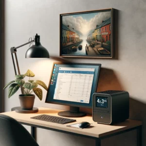 mini pc on a table with a monitor