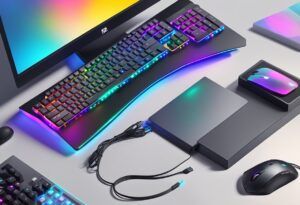 Desktop showing various cool mini pc gaming accessories such as a glow keyboard and mouse