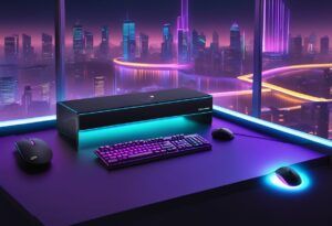 A sleek, futuristic mini PC gaming setup with cool mini pc gaming accessories such as LED-lit keyboard, wireless mouse, and VR headset on a sleek desk with a backdrop of neon-lit cityscape