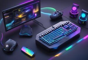 A sleek, futuristic mini PC gaming setup with glowing LED lights, wireless controllers, and high-tech connectivity enhancers