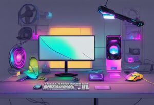 A futuristic gaming setup with sleek mini PC, colorful LED accessories, and cutting-edge peripherals arranged on a desk