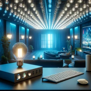 an eco-friendly home theater illuminated by energy-efficient LED bulbs, controlled by a mini PC