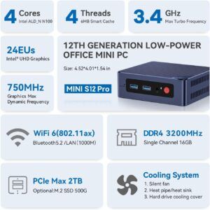 Product specifications of Beelink Mini S12 Pro, highlighting Intel Alder Lake processor, 16GB DDR4 RAM, and 500GB SSD.
