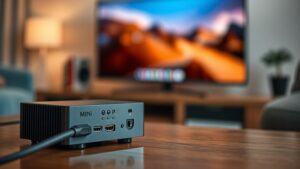 A mini PC connected to a smart TV via HDMI