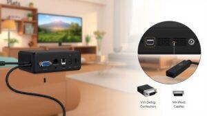 An image showing how to connect a mini pc to a smart TV using VGA or DVI connections