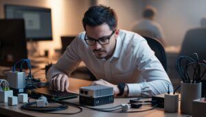 An image of a developer working on a mini PC at a workspace. Illustrate an edge computing scenario, perhaps with IoT sensors, showcasing NPUs vs GPUs efficiency in low-power environments.
