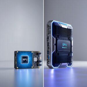 A split image showing a mini PC with an NPU chip on one side and a GPU chip on the other, emphasizing their differences in power and AI capabilities.