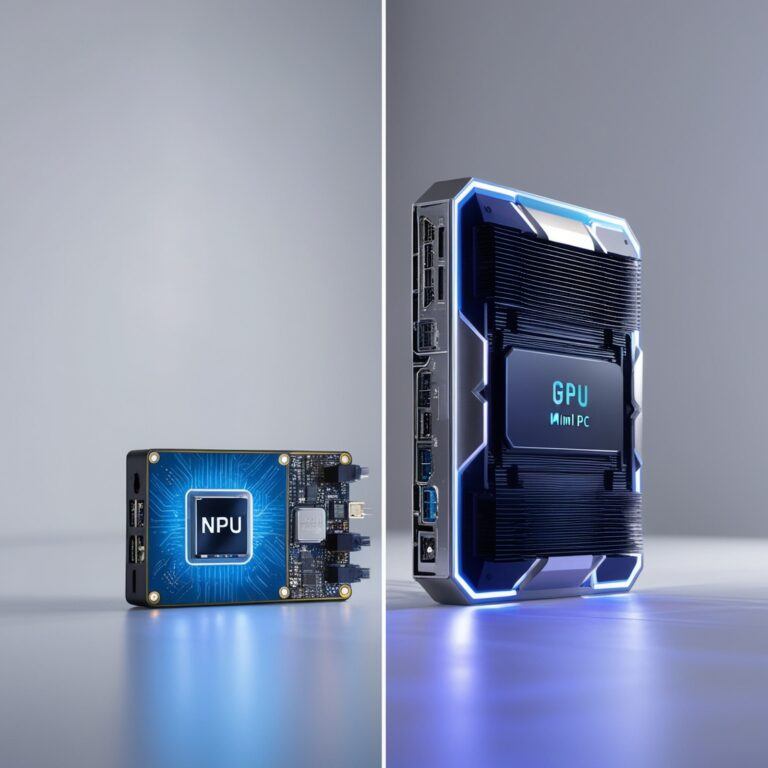 A split image showing a mini PC with an NPU chip on one side and a GPU chip on the other, emphasizing their differences in power and AI capabilities.