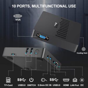 The UXX N3350 Mini PC comes with many ports, including a VGA, support for a TF card, 4 USB 3.0 ports, an HDMI port and a LAN port