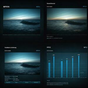 A screen split into two, showing the before and after effects of video upscaling and image enhancement. Indicate NPUs vs GPUs efficiency for tasks like sharpening and noise reduction.
