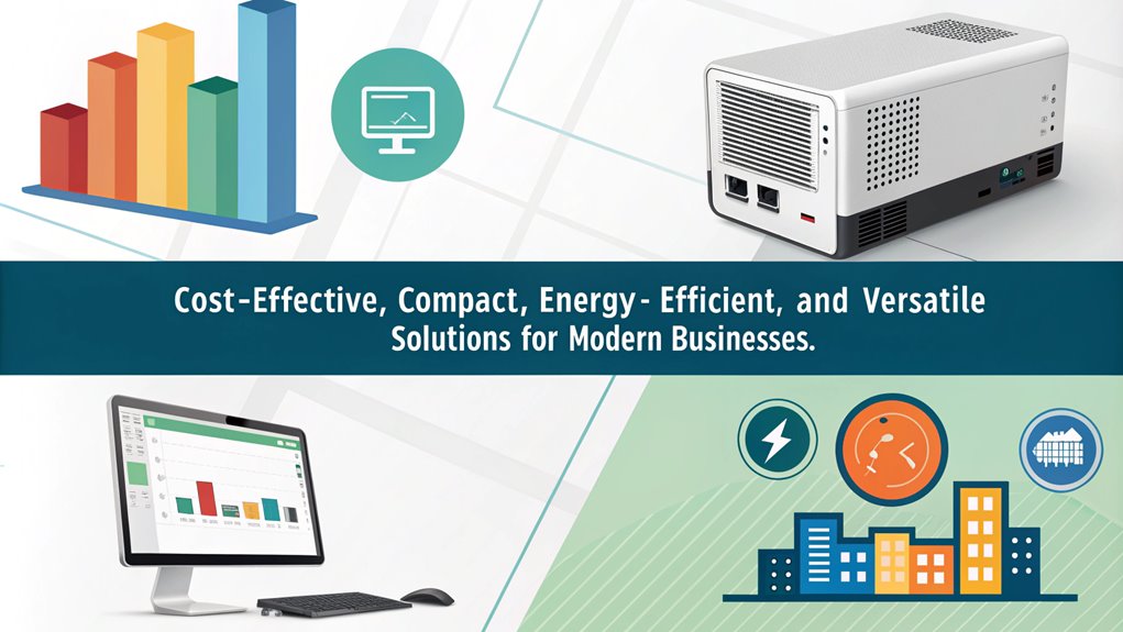 An infographic showcasing the benefits of using a mini PC for business, highlighting cost efficiency, space-saving design, energy efficiency, and versatility
