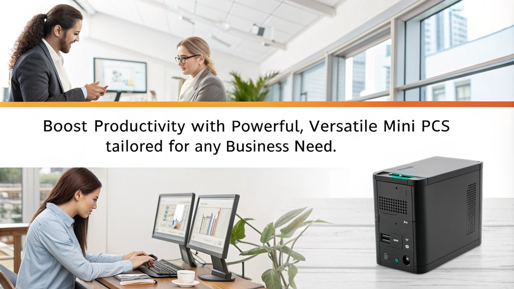 An infographic highlighting the performance and versatility of mini PCs for business use. Showcase how mini PCs enhance productivity and adaptability in various work environments.