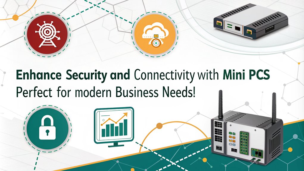 An infographic highlighting the security and connectivity features of mini PCs for business use. Focus on their robust security protocols and versatile connectivity options.