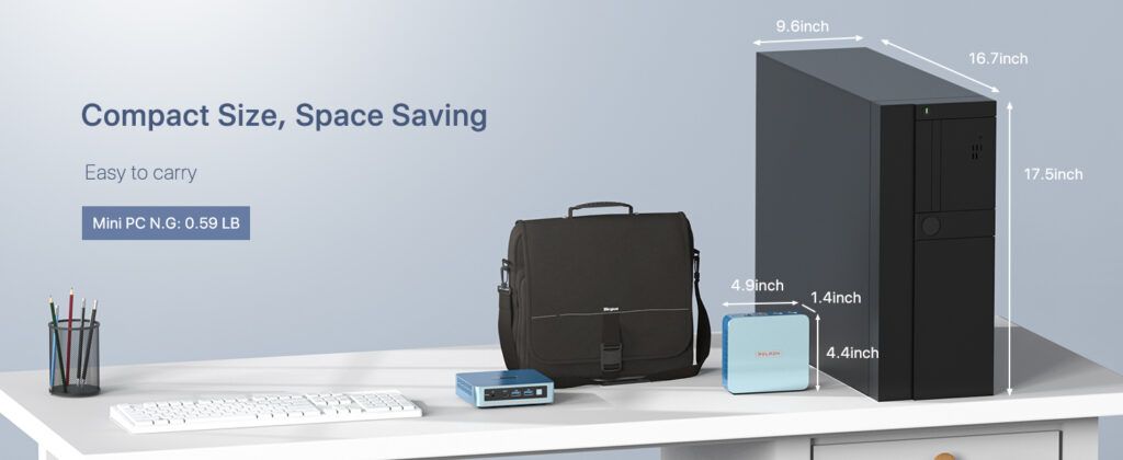 The Peladn Wi-6 Mini PC's compact design makes it an excellent space-saving solution compared to traditional desktop towers.