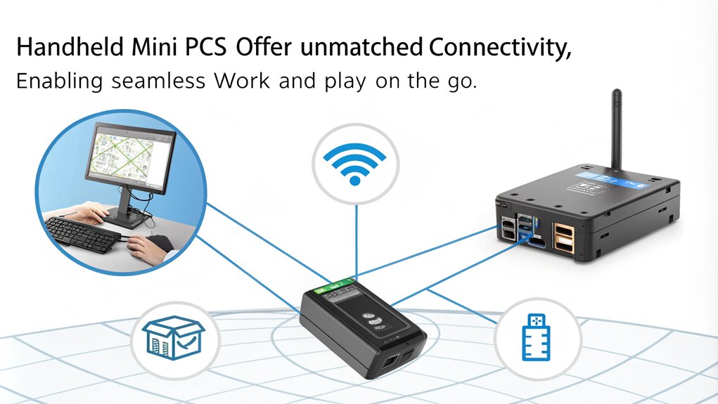 An infographic showcasing versatile connectivity options in handheld mini PCs and their impact on mobile computing. Highlight features like Wi-Fi, Bluetooth, and USB ports. 