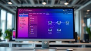 A sleek computer monitor displaying a vibrant, organized interface of a virtual machine configuration panel, with highlighted settings icons and interconnected virtual mini PCs, all set against a modern workspace background.