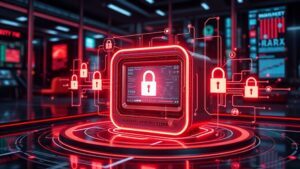 A futuristic mini PC surrounded by a holographic security shield, with glowing digital locks and data streams, set against a sleek, high-tech environment reflecting advanced virtualization technology and vibrant, integrated security innovations.
