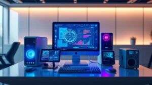 A futuristic mini PC lab, featuring compact devices holographically displaying AI integration, vibrant digital interfaces, and interconnected nodes, set against a sleek, modern backdrop with soft, ambient lighting illuminating the high-tech environment.