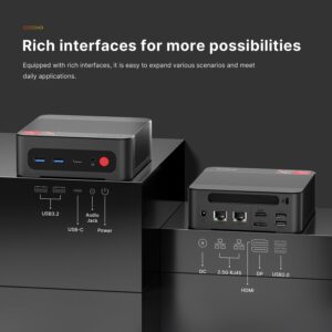 The bosgame p4 pro mini pc has interfaces to support various scenarios and meet daily applications. This includes 2 USB 3.2, a USB-C, Dual 2.5 Ghz Ethernet, a DP, an HDMI, and two USB 2.0 interfaces.