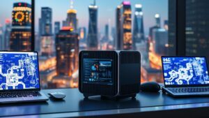 A sleek, powerful mini PC on a modern desktop, surrounded by glowing virtual screens showcasing connectivity, productivity, and efficiency. A backdrop of futuristic cityscapes reflecting innovation and technology enhances the scene.