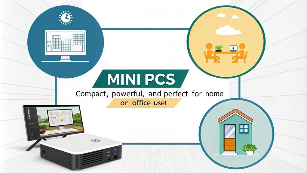 An infographic showcasing the advantages of Mini PCs, highlighting their compact size, energy efficiency, affordability, and versatility.