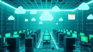 A serene digital room filled with mini PCs, interconnected by glowing lines, surrounded by floating icons of backup clouds and snapshot calendars, all in soothing hues of blue and green, illustrating efficient data protection.