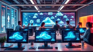 :A futuristic workspace featuring sleek mini PCs displaying interconnected clouds, digital graphs, and holographic interfaces, with diverse professionals collaborating in a hybrid environment, vibrant colors, and innovative technology elements illustrating multi-cloud virtualization.