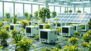 A visually striking landscape featuring compact, energy-efficient mini PCs interconnected by green digital circuits, surrounded by plants and solar panels, symbolizing sustainable virtualization practices in a futuristic office environment.
