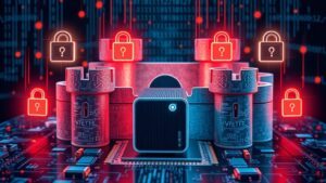 A digital fortress with a sleek mini PC at its core, surrounded by floating shields of binary code, locks, and firewalls, all against a backdrop of a glowing motherboard, symbolizing secure virtualization.