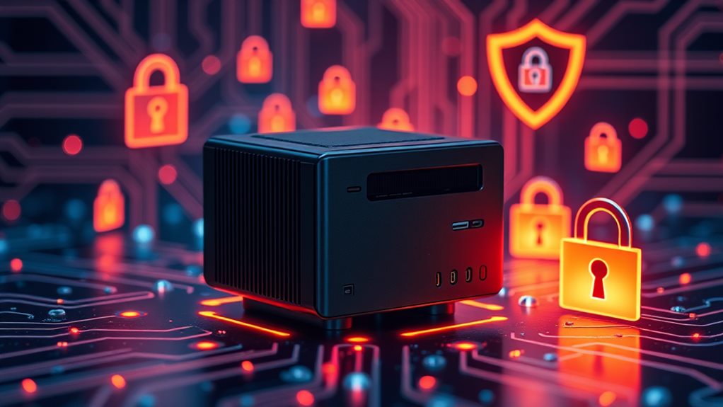 A sleek mini PC set against a digital backdrop of interconnected circuits, with locks and shields symbolizing security, surrounded by glowing data streams and virtual barriers, illustrating best practices in virtualization security.