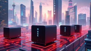 A futuristic cityscape featuring sleek mini PCs connected to vibrant edge computing nodes, bustling with data streams and holographic interfaces, showcasing trends in Mini PC Virtualization as a seamless integration of technology and environment in a bright, innovative atmosphere.