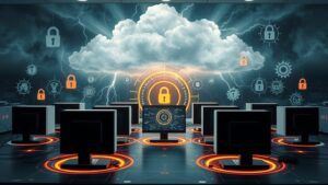 A futuristic workspace featuring mini PCs interconnected through glowing circular networks, facing stormy clouds above with lightning symbols representing challenges, while gears and locks symbolize security threats in the backdrop.