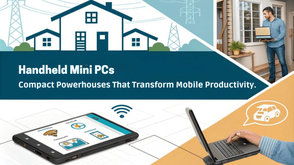 An infographic showcasing the advantages of Handheld Mini PCs in revolutionizing mobile computing. Highlight portability, power, versatility, and connectivity