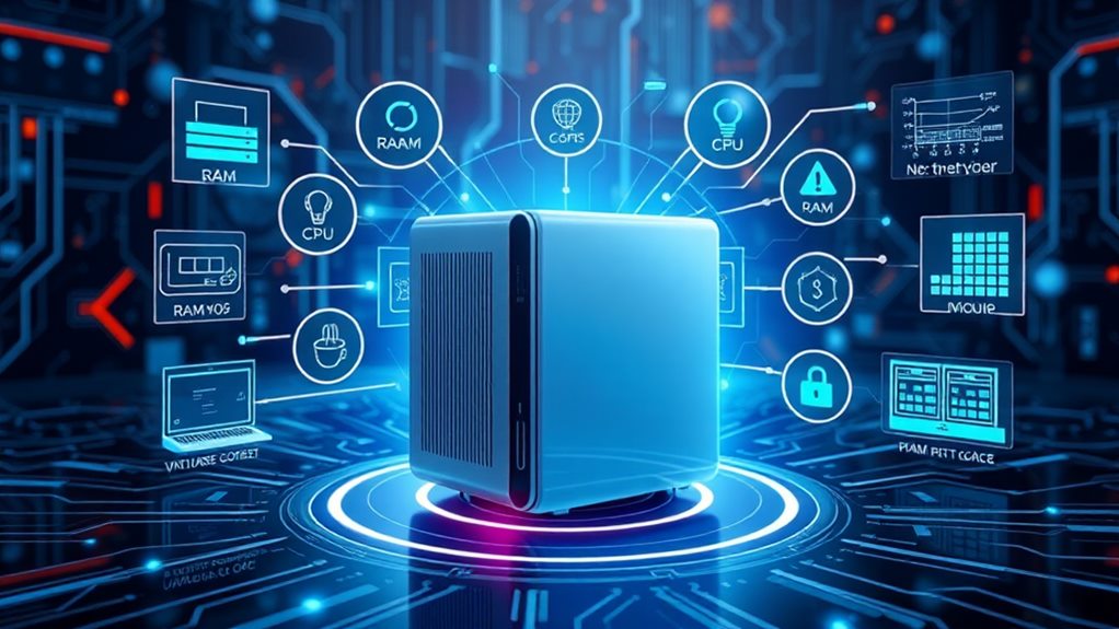 :A sleek mini PC surrounded by virtualized icons and a glowing hypervisor interface, with components like RAM and CPU monitored by performance graphs and network connectivity illustrations, set against a futuristic tech backdrop.