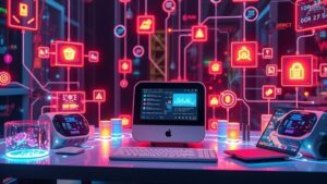 A futuristic workspace featuring a sleek mini PC surrounded by vibrant, interconnected digital containers and microservices icons, illuminated by ambient lighting, showcasing a dynamic flow of data and seamless virtualization interactions.