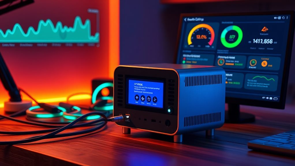 :A sleek mini PC on a wooden desk, surrounded by glowing network cables, a vibrant graph illustrating network speed, and a digital display showing optimized connection settings, all bathed in a warm, tech-inspired ambient light.