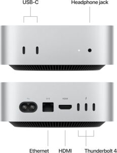 Apple Mac Mini 2024 interfaces include a network, 3 thunderbolt 4 connections, 2 USB-C connections and a headphone jack.