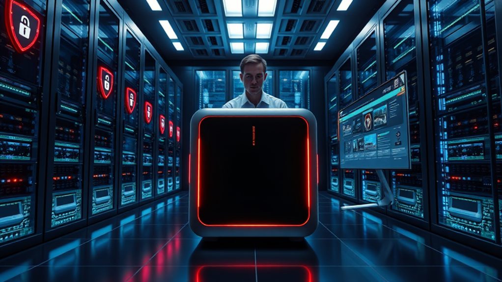 A sleek mini PC set in a secure, modern server room, surrounded by digital firewalls and encrypted data streams, with glowing shields symbolizing protection, and a focused technician monitoring security protocols on multiple screens. 