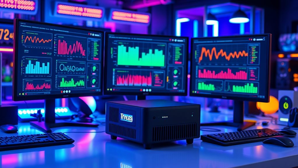 A sleek mini PC connected to multiple monitors displaying virtual machines, surrounded by vibrant graphs and performance metrics, with a backdrop of a futuristic workspace filled with tech gadgets and ambient lighting.