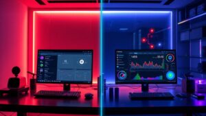 A split-screen image showcasing a sleek, illuminated modern workspace featuring two distinct hypervisor setups on mini PCs, one with a minimalist UI and the other with robust performance metrics displayed, both surrounded by vibrant tech elements.