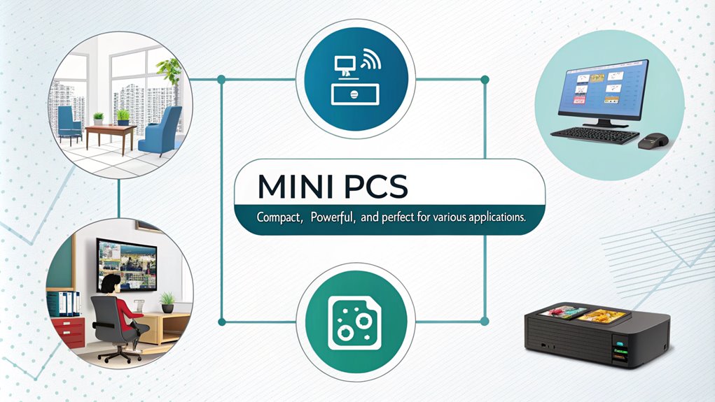An infographic showcasing the common uses for Mini PCs, highlighting their versatility in home entertainment, gaming, office work, and digital signage.
