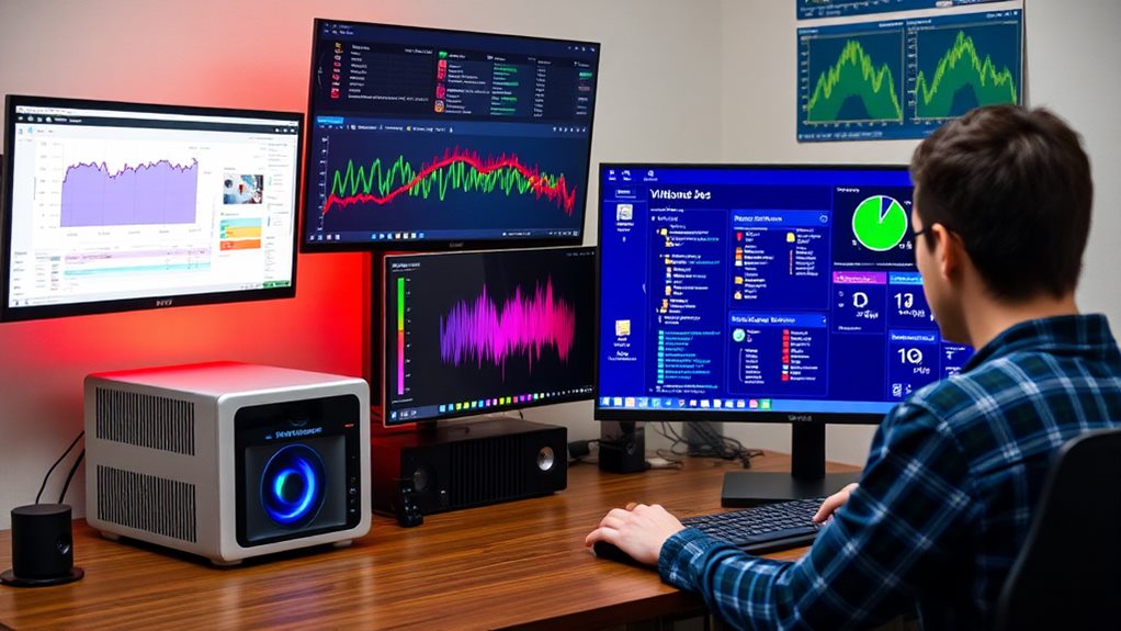 An organized workspace featuring a mini PC, multiple monitors showcasing virtual machine interfaces, colorful graphs indicating performance metrics, and a person seamlessly managing virtual environments with a sleek, modern interface on screen. 