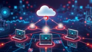 a dynamic network diagram featuring interconnected mini PCs, showcasing data flow with glowing lines, virtual routers, and a cloud connection above, set against a sleek digital background representing a modern tech environment. 