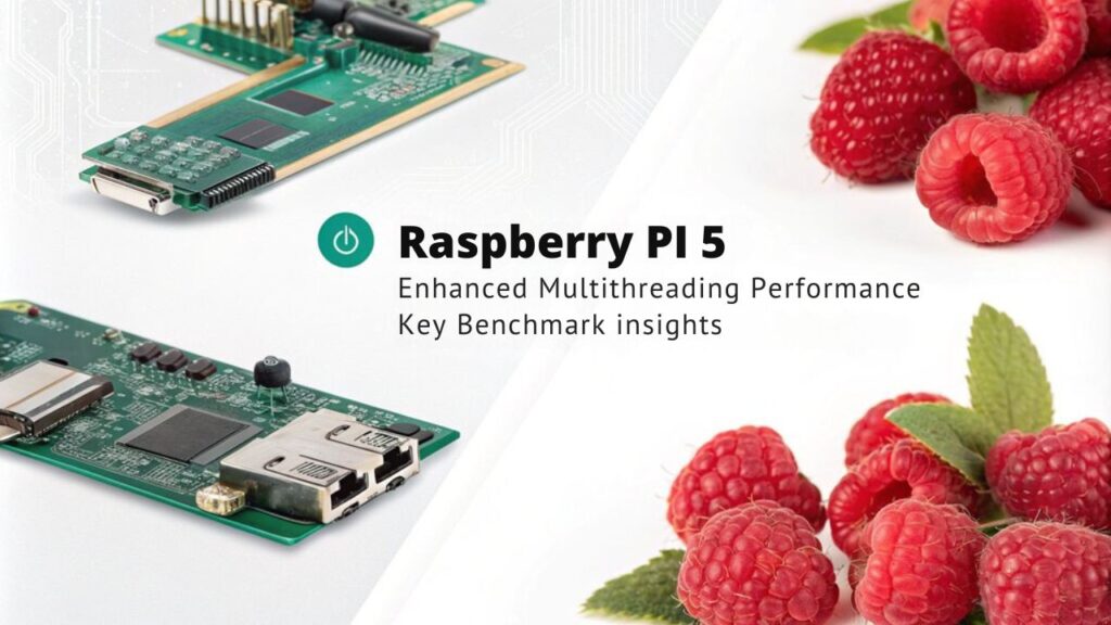 An infographic illustrating the multithreading capabilities of the Raspberry Pi 5 in relation to key performance benchmarks. Highlight comparative data on processing efficiency, workload management, and real-time application performance.