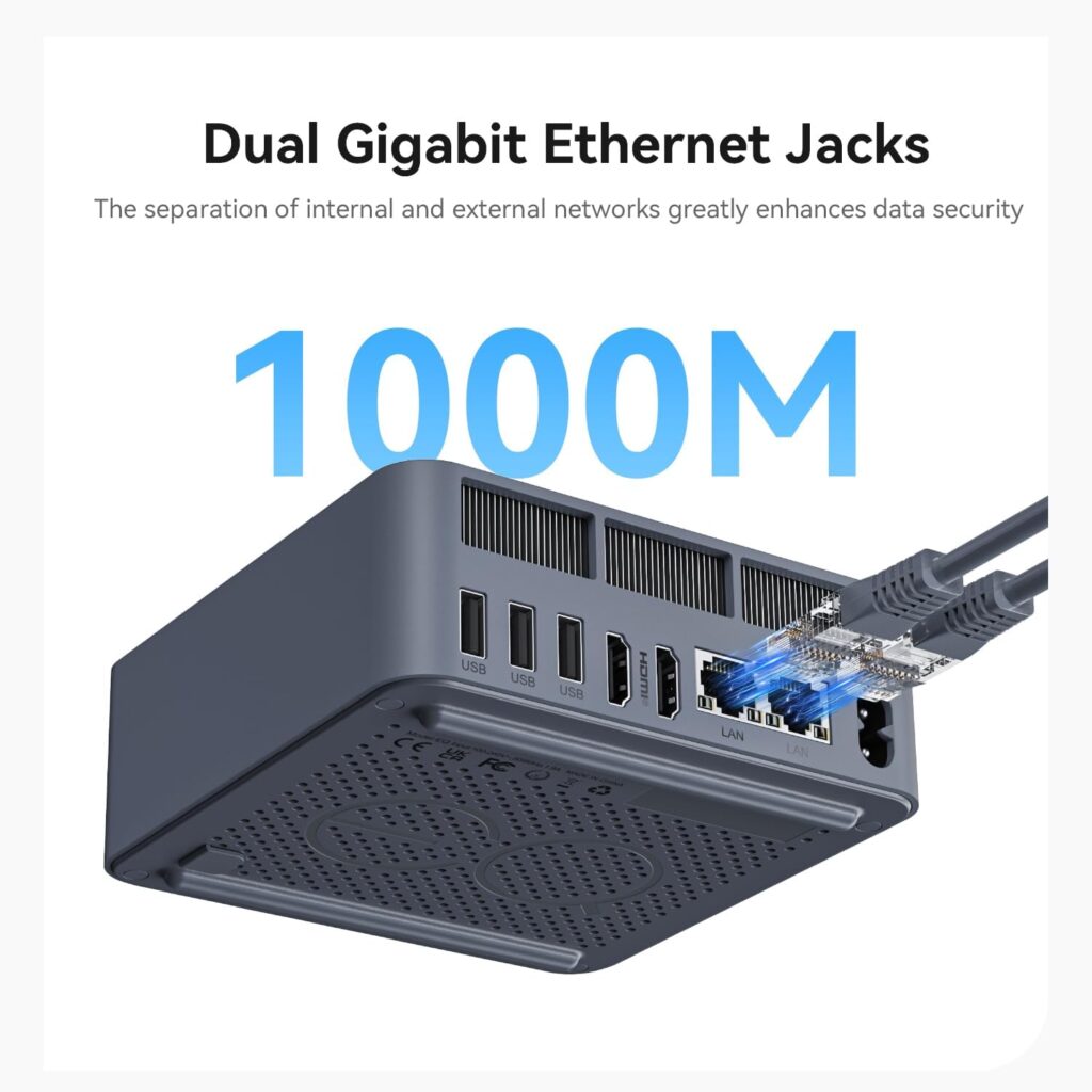 Beelink EQI12 with dual 1000Mbps Gigabit Ethernet ports.