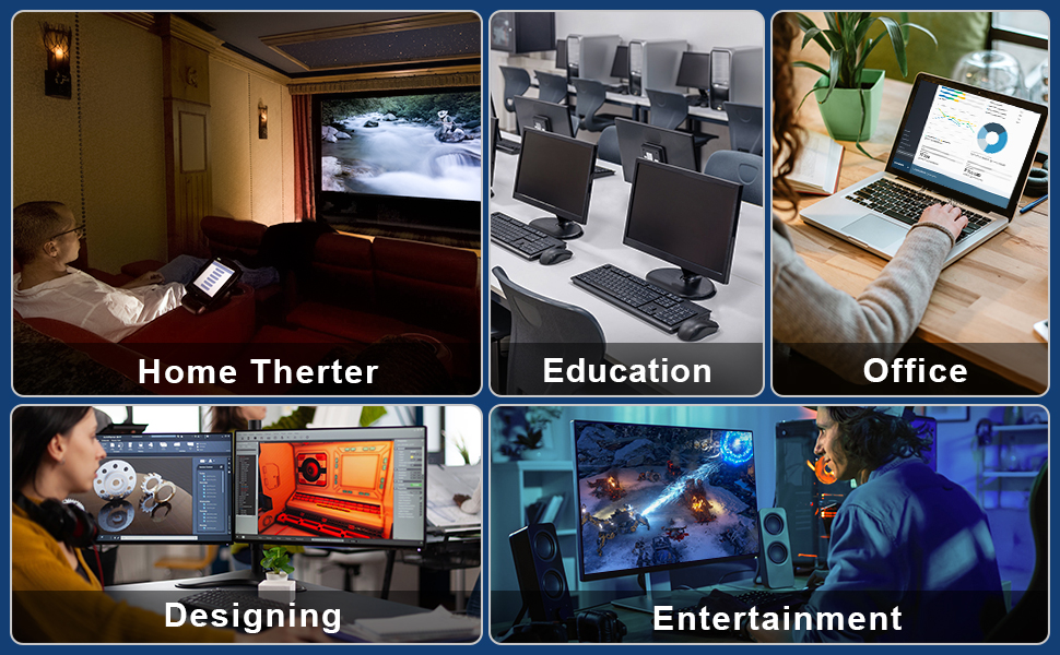 Beelink EQI12 mini PC applications for home theater, education, office work, designing, and entertainment.