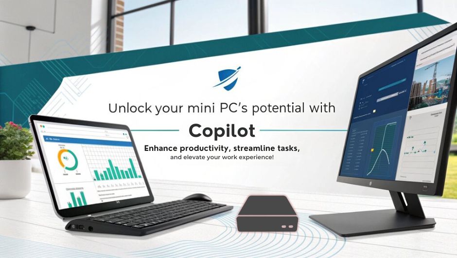 An infographic showcasing the exclusive features of Copilot for Mini PCs, emphasizing its ultimate productivity boost. Highlight benefits like customizable workflows, intuitive design, and seamless integration.
