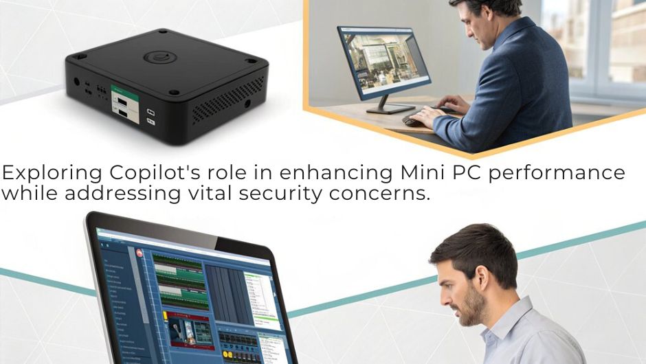 An infographic showcasing compatibility and security challenges of using Copilot on Mini PCs. Highlight productivity boosts, potential risks, and best practices.